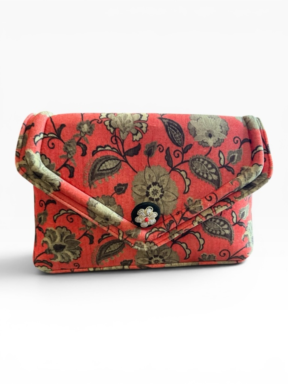 Anthropologie Coral Velvet Floral Pearl-Strap Envelope Bag